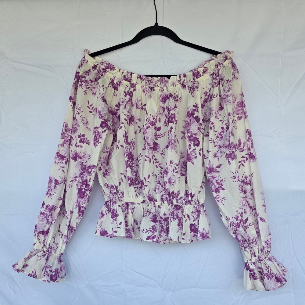 Flying Tomato Purple Floral Off The Shoulder Smocked Peplum Blouse Cotton Medium - Picture 1 of 12